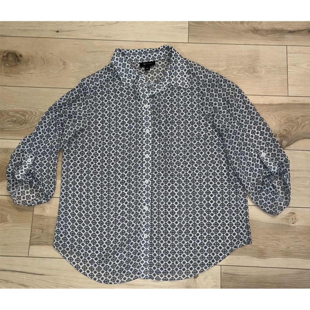 AB Studio‎ Sheer Button Up Blouse Womens L Black and White Roll Tab Long Sleeve